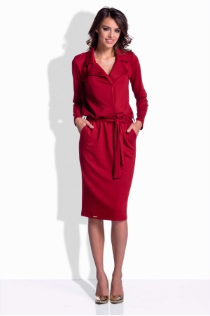 Rochie bordo lungime midi cu buzunare laterale si cordon in talie